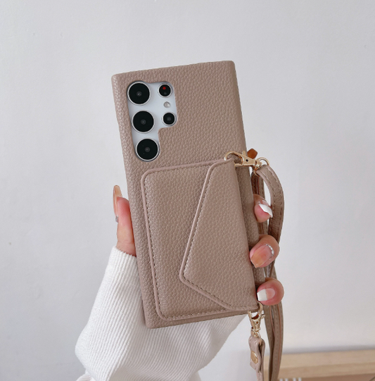 Samsung Galaxy Litchi Leather Card Wallet Case – Crossbody Strap | S22 / S23 / S24 Series