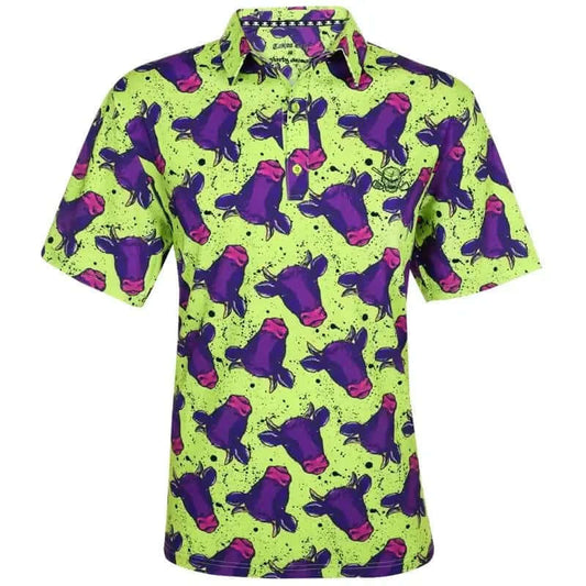 Men's Cool-Stretch Golf Shirt – Yellow/Purple Cow Print
