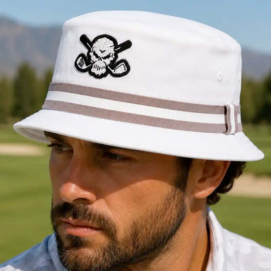Premium Bucket Golf Hat w/ Skull (White)