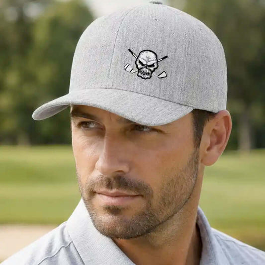 Skull Design Fitted Golf Hat (Light Heather Grey)