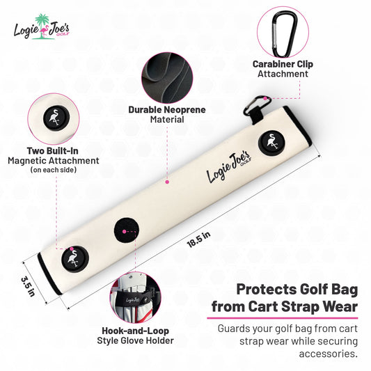 Black/Pink Magnetic Golf Cart Strap Sleeve | Neoprene Rubber | Dual Accessory Magnets | Glove Holder | Carabiner Bag Attachment | 18.5 x 3.5 in
