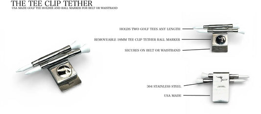 The Tee Clip® Tether™: USA Made | Golf Tee Holder for Belt or Waist| Double Barrels for 2 Tees and 18mm Ball Marker