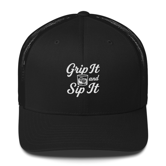 Grip It and Sip It black golf trucker hat with embroidered slogan
