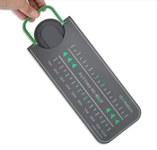 Putting Hi-Way distance control trainer board by IDA Makers with 1M-10M stroke-length scale and green wire ball-catch handle