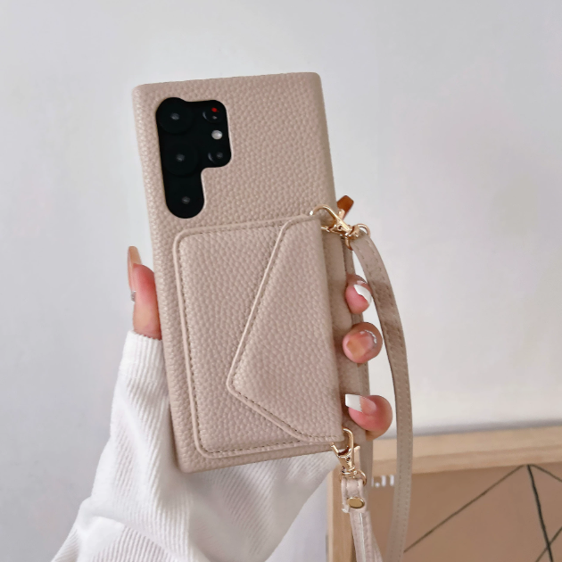 Samsung Galaxy Litchi Leather Card Wallet Case – Crossbody Strap | S22 / S23 / S24 Series