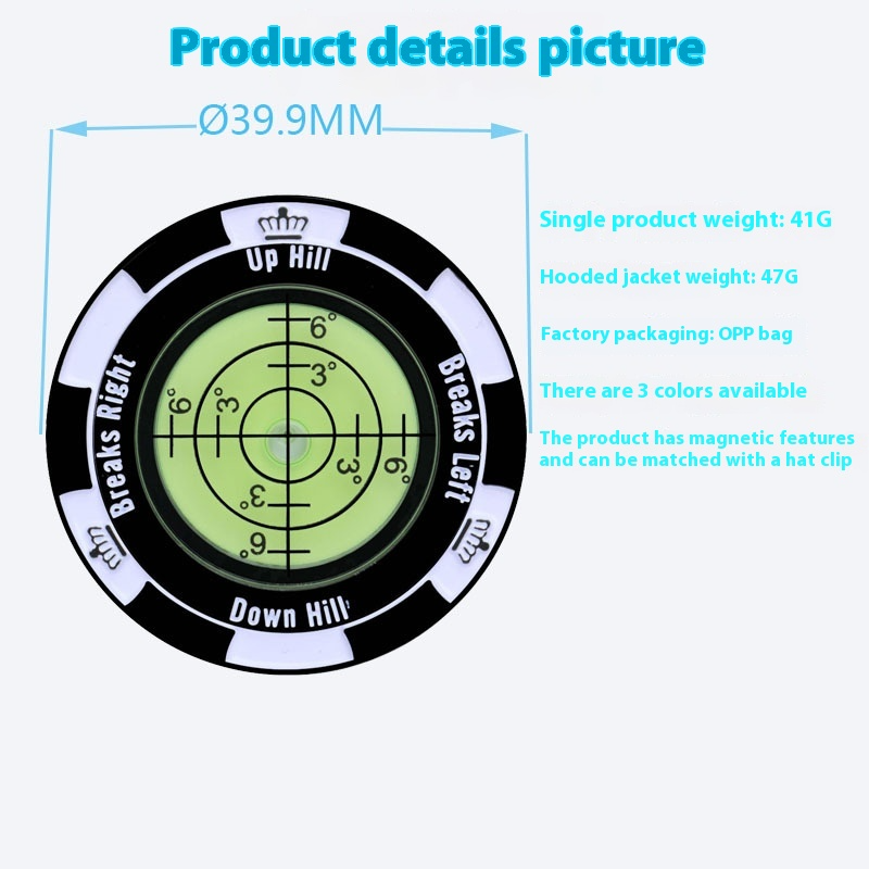 Back and front of the Golf Putter Reader poker chip ball marker: engraved mountain back and bubble level green reader front