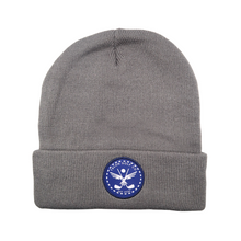 Load image into Gallery viewer, Gray Knit Beanie w/ Navy Eagle Circle Logo

