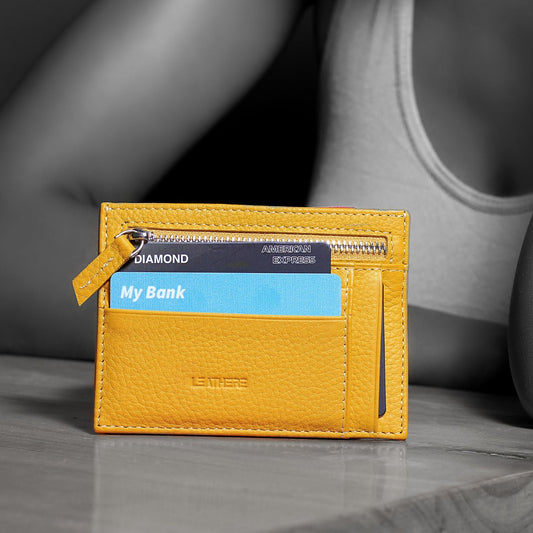Vibrant Leather Card Holder with Zipper Pocket - Yellow - Concord