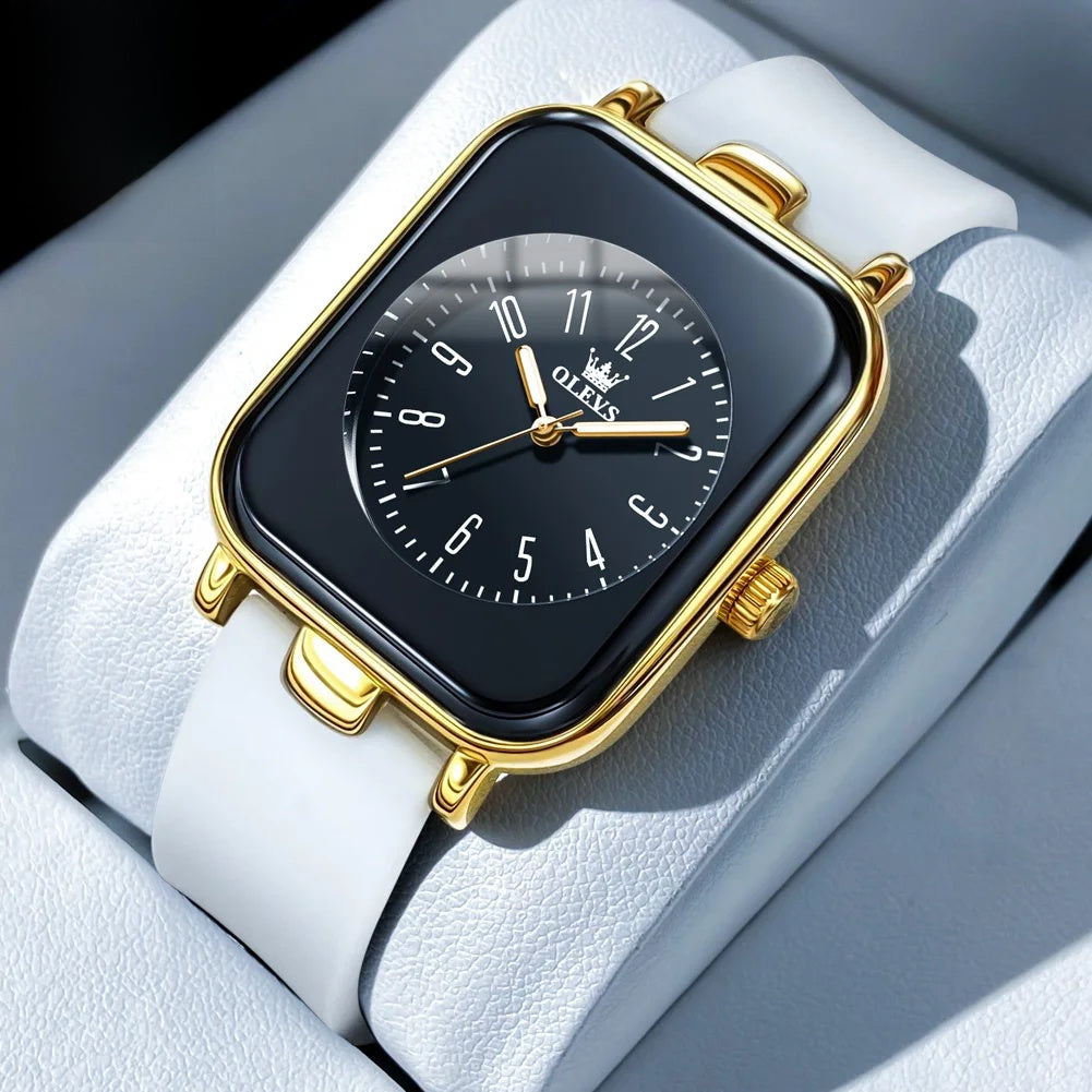 Women's Rectangular Gold Tone Quartz Watch Silicone Strap