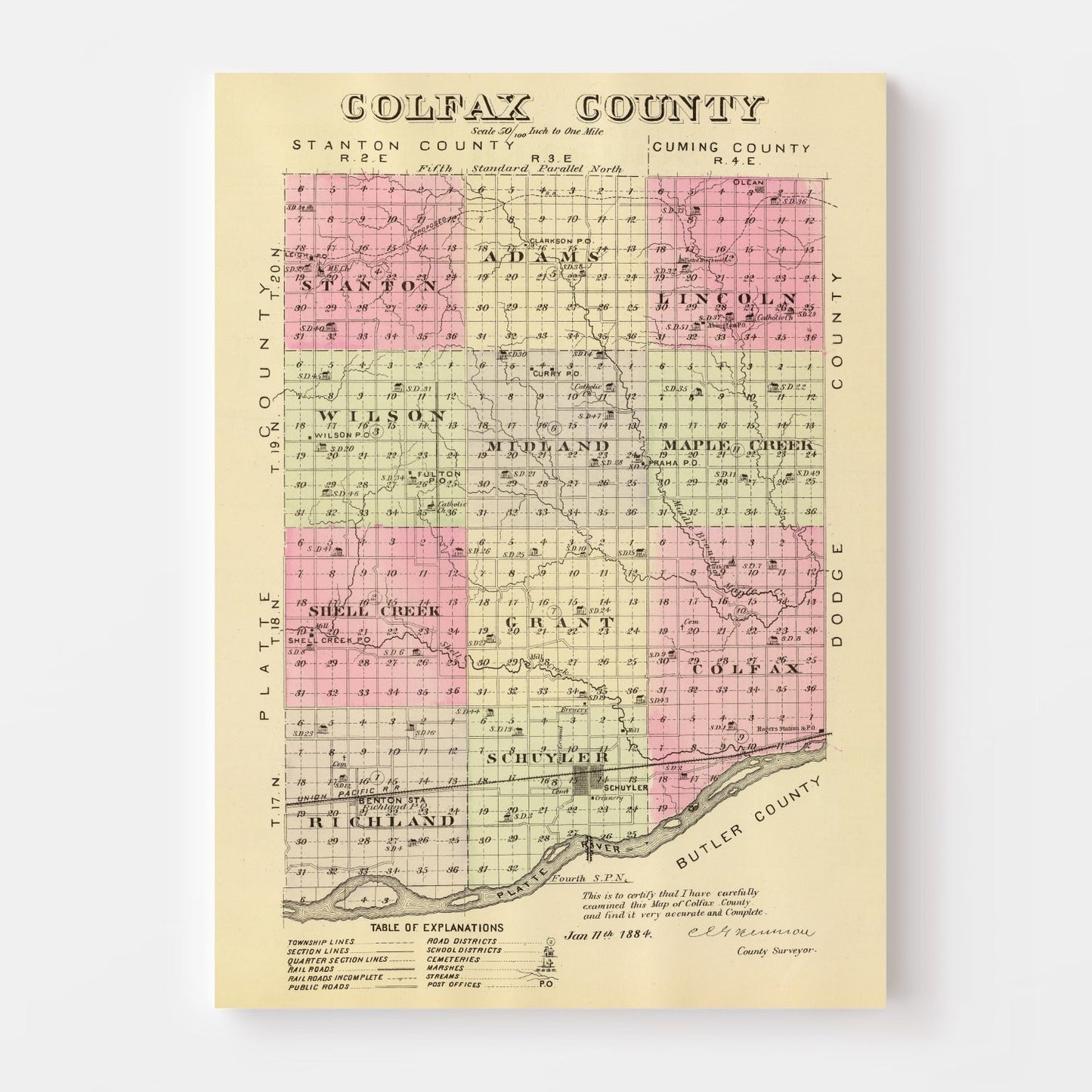 Vintage Map of Golfax County, Nebraska 1885