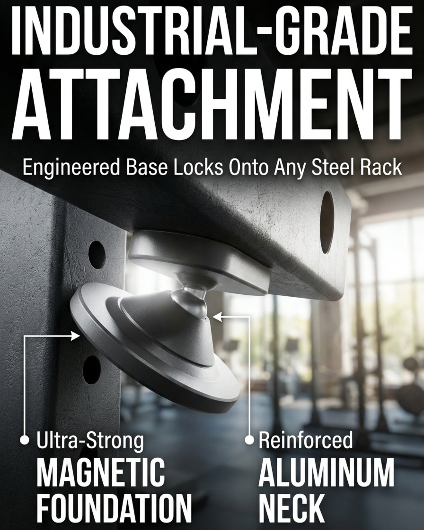 All-Metal Magnetic Gym Phone Holder for MagSafe and Android | Industrial N54 Magnets | Rock-Solid Mount for Squat Racks & Metal Gym Equipment | 360° Adjustable | Includes Metal Ring