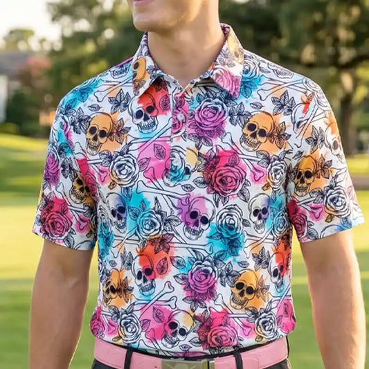 Skull & Roses Cool-Stretch Men's Golf Shirt (Multicolor)