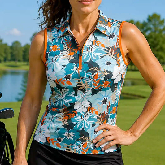 Ladies Aloha Sleeveless Cool-Stretch Golf Shirt (Teal/Orange)