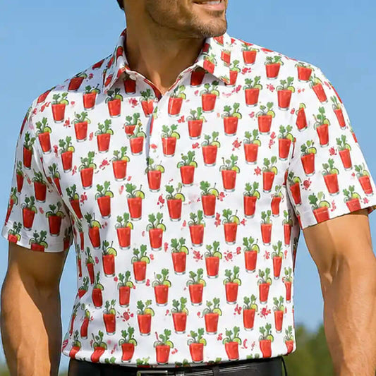 19th Hole Bloody Mary Cool Stretch Men's Golf Shirt (White/Red)