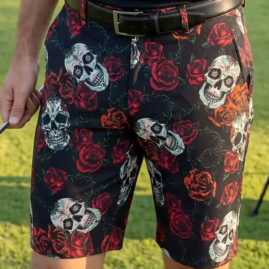 Sugar Skull Cool-Stretch Men's Golf Shorts (Black/Red)