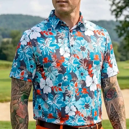 Aloha Men's Hawaiian Golf Shirt (Teal/Orange)
