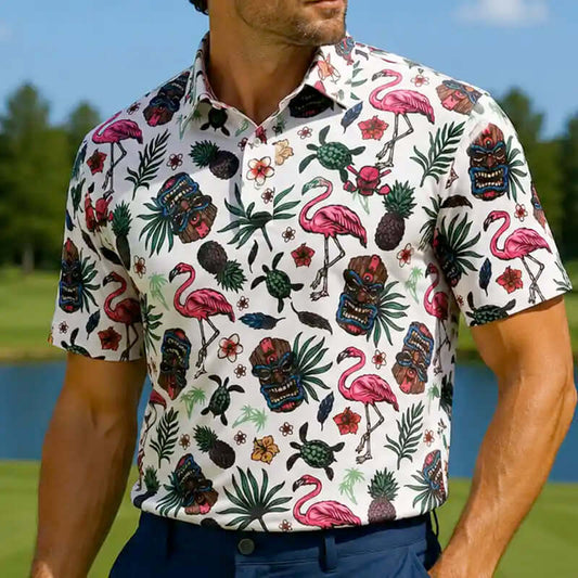 Aloha Cool-Stretch Men's Hawaiian Golf Shirt (Tiki)