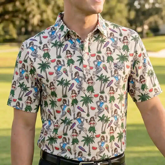 Hula Girl Hawaiian Cool-Stretch Men's Golf Polo – Khaki