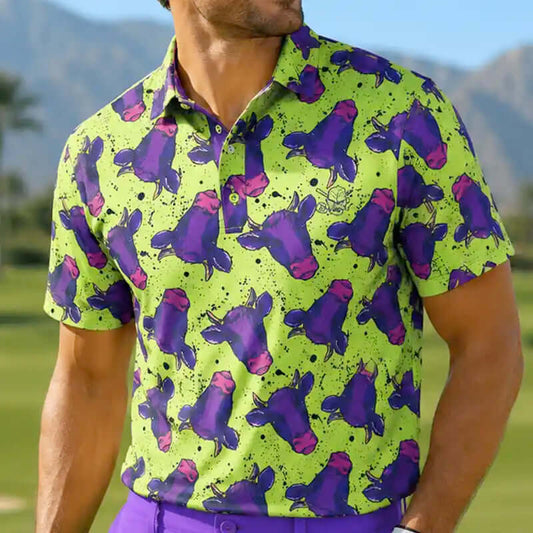Men's Cool-Stretch Golf Shirt – Yellow/Purple Cow Print