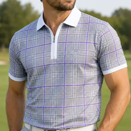 HT Plaid Cool-Stretch Men's Golf Shirt - Purple/Grey