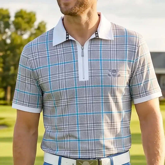 Plaid Cool-Stretch Men's Golf Shirt – Blue/Grey