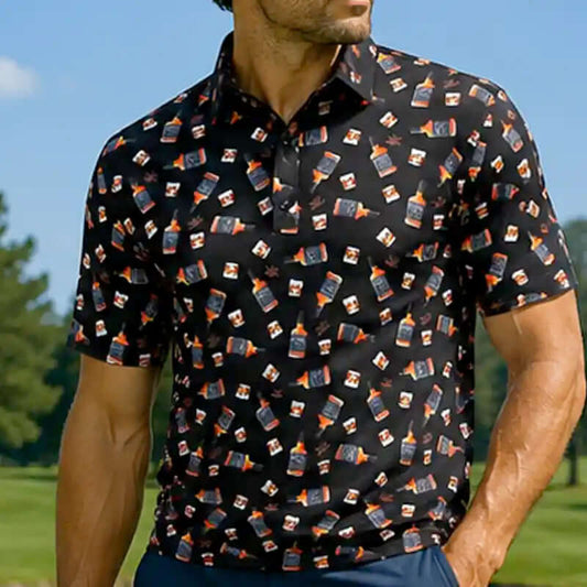 19th Hole Whiskey Cool-Stretch Men's Golf Shirt (Bourbon)