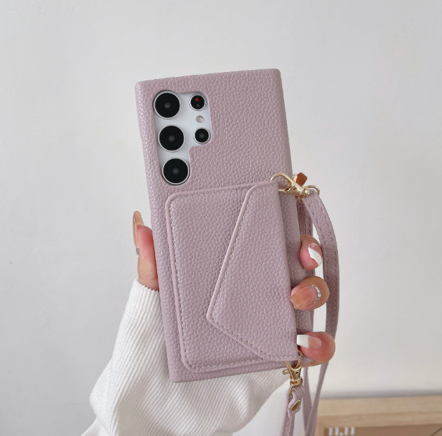Samsung Galaxy Litchi Leather Card Wallet Case – Crossbody Strap | S22 / S23 / S24 Series