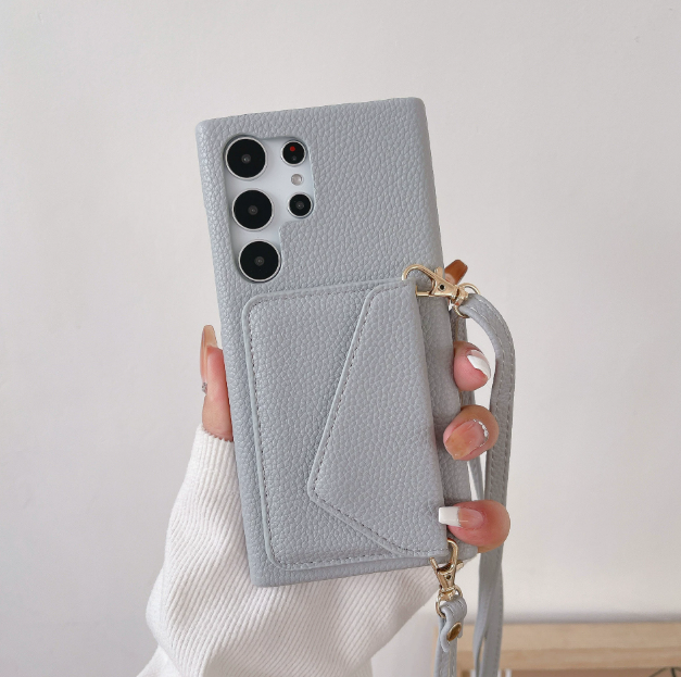 Samsung Galaxy Litchi Leather Card Wallet Case – Crossbody Strap | S22 / S23 / S24 Series