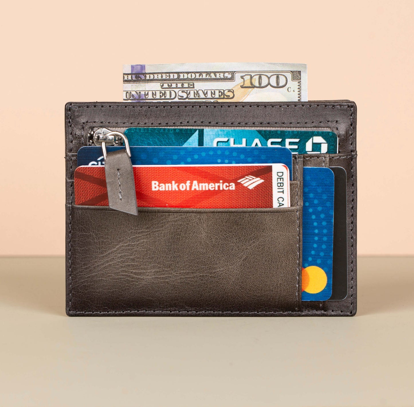 Vibrant Leather Card Holder with Zipper Pocket - Gray - Concord