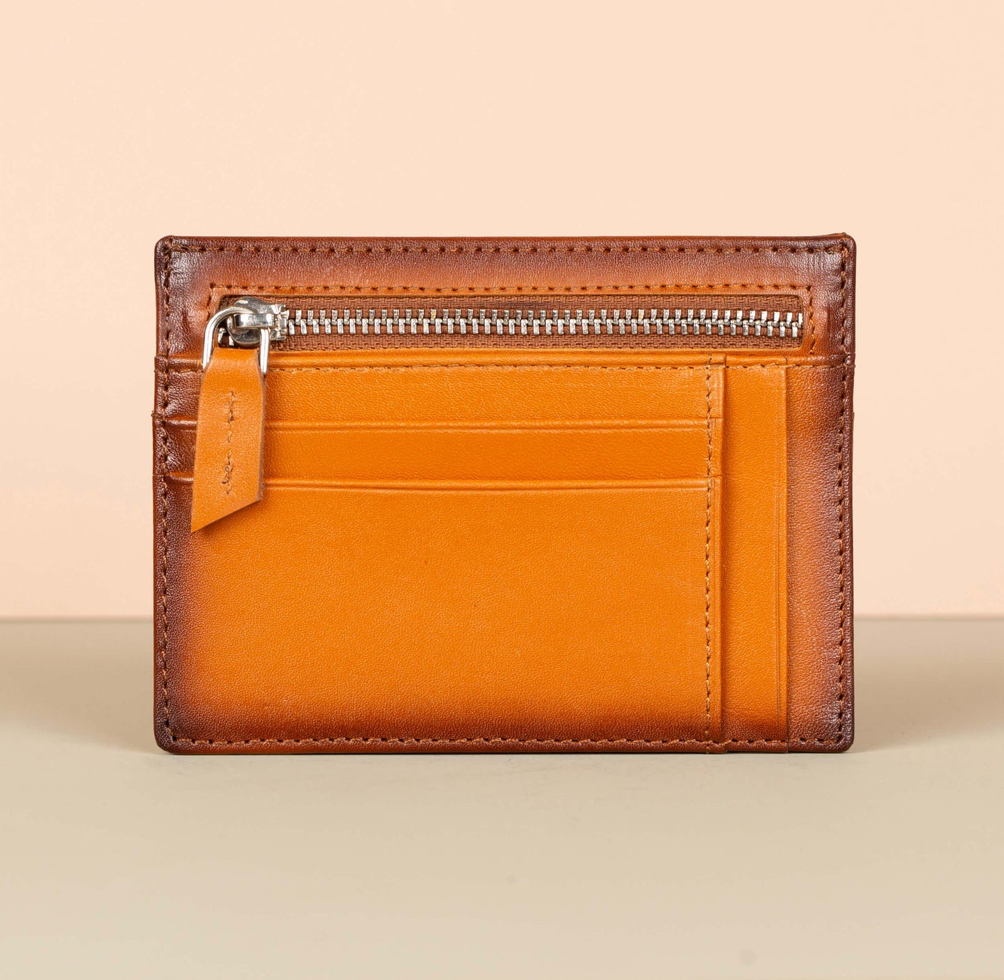 Vibrant Leather Card Holder with Zipper Pocket - Caramel Brown - Concord