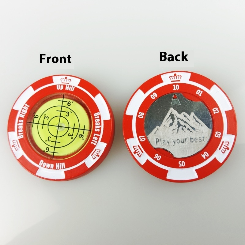 Golf Putter Reader bubble level face with crosshair and Breaks Left, Breaks Right, and Down Hill markings
