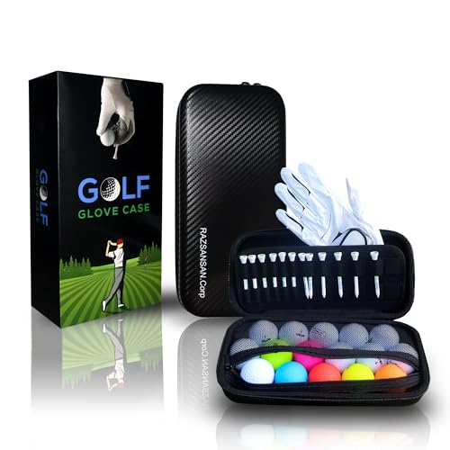 Black hard-shell golf glove holder case open, showing white golf glove, balls, and tees in elastic organizer loops, with retail box