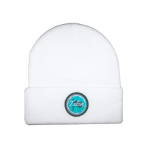 Load image into Gallery viewer, White Knit Beanie w/ Green &amp; Teal Circle Logo
