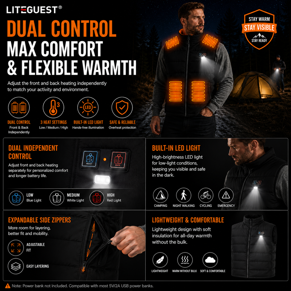 LITEGUEST 15-Zone Dual Control LED Safety Heated Vest | USB Heating