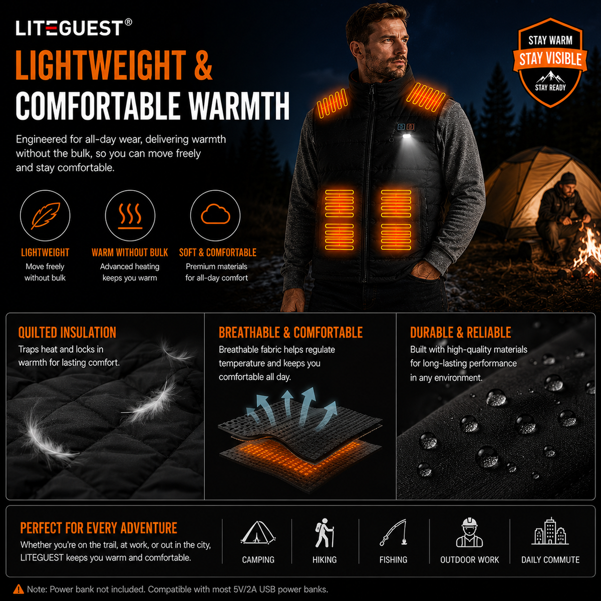 LITEGUEST 15-Zone Dual Control LED Safety Heated Vest | USB Heating