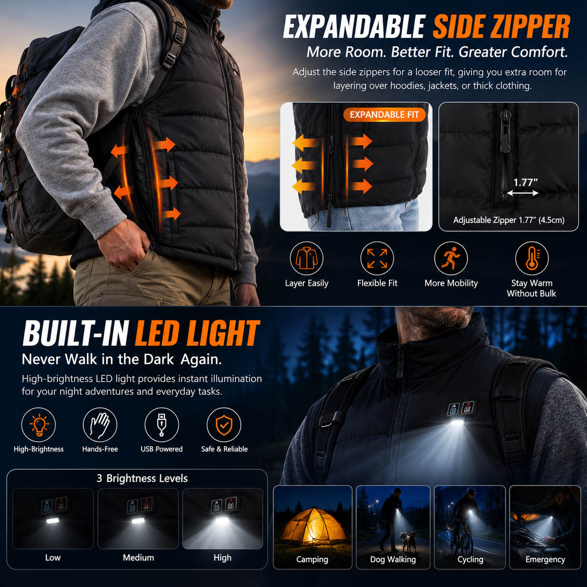 LITEGUEST 15-Zone Dual Control LED Safety Heated Vest | USB Heating