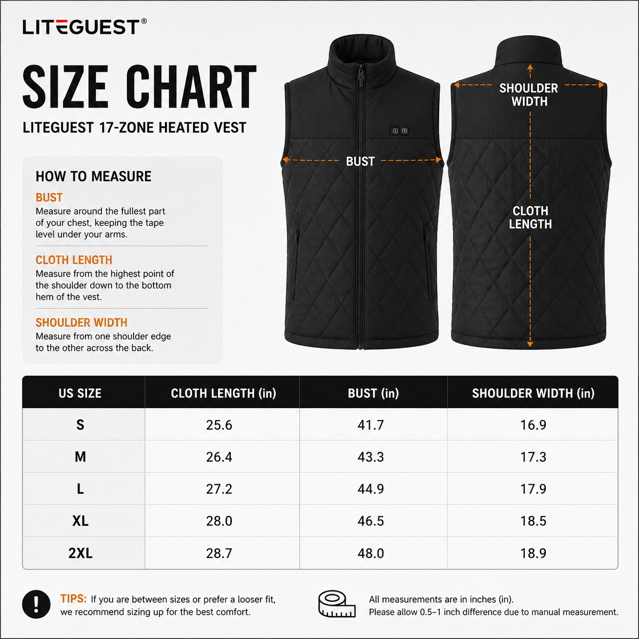 LITEGUEST 17-Zone Heated Vest | Dual Control USB Winter Warmth