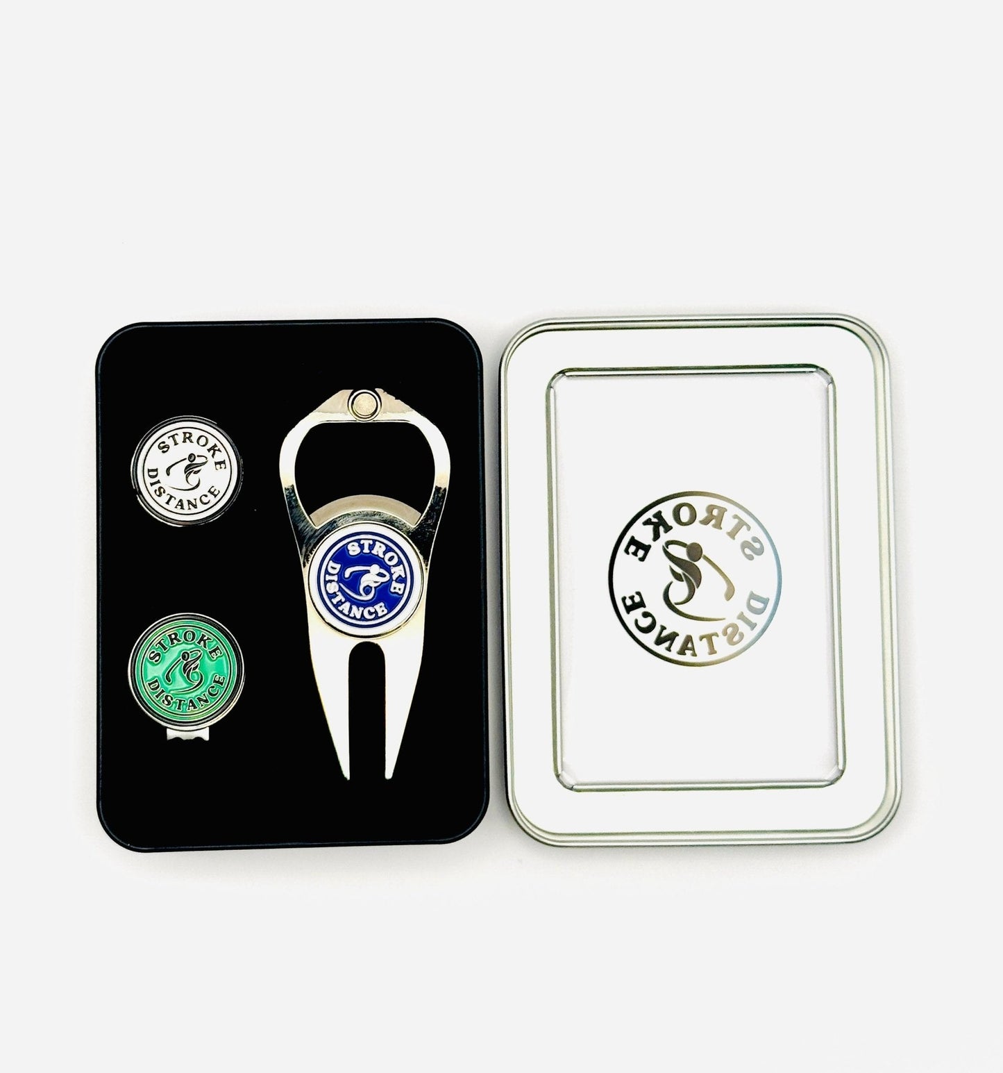 Stroke & Distance Golf Gift Set: Gift Tin, Divot Tool, Ball Marker, Hat Clip
