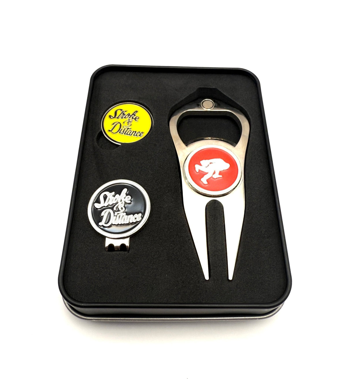 Stroke & Distance Golf Gift Set: Gift Tin, Divot Tool, Ball Marker, Hat Clip