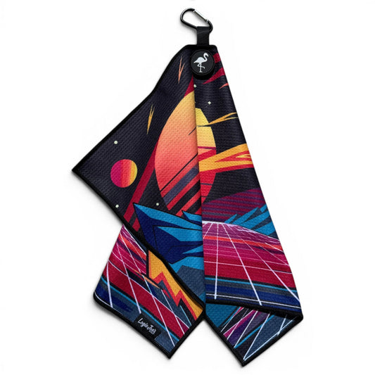 Retroscape Golf Towel | 24” x 16” Microfiber Towel | Magnetic Clip & Carabiner | Premium Golf Accessory | Sunset Mountain Drive
