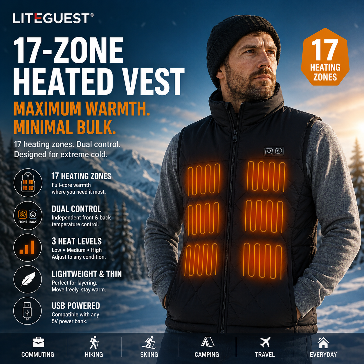 LITEGUEST 17-Zone Heated Vest | Dual Control USB Winter Warmth