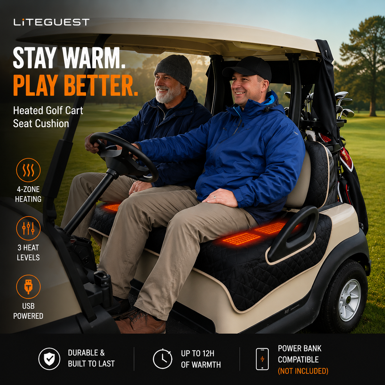 LITEGUEST Heated Golf Cart Seat Cushion | USB Heated Golf Seat Pad
