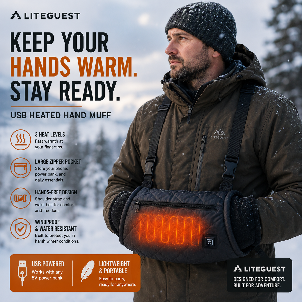 LITEGUEST Heated Hand Muff | USB Heated Hand Warmer
