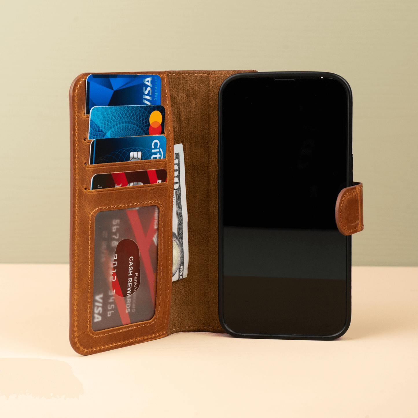 iPhone 16 Series Brown Leather Wallet Case - New York