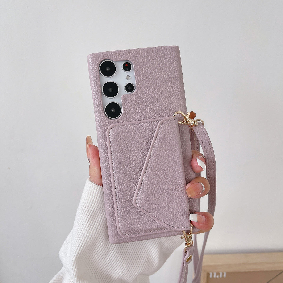 Samsung Galaxy Litchi Leather Card Wallet Case – Crossbody Strap | S22 / S23 / S24 Series