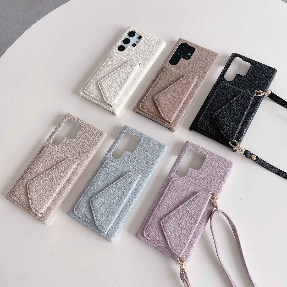 Samsung Galaxy Litchi Leather Card Wallet Case – Crossbody Strap | S22 / S23 / S24 Series