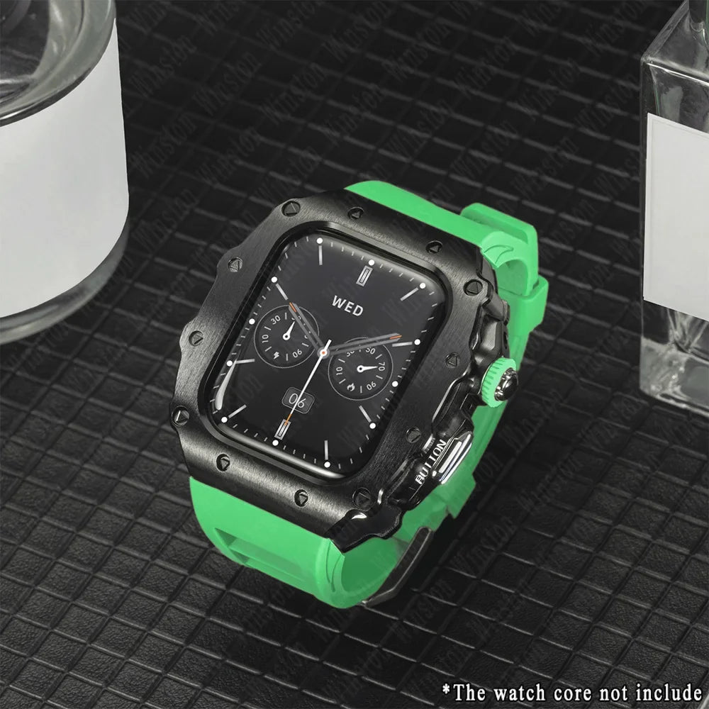 Apple Watch Luxury Modification Kit | Series 11 / Series 10 46mm / Series 9-8-7 45mm / Series 6-SE-5-4 44mm Silicone Strap & Steel Case