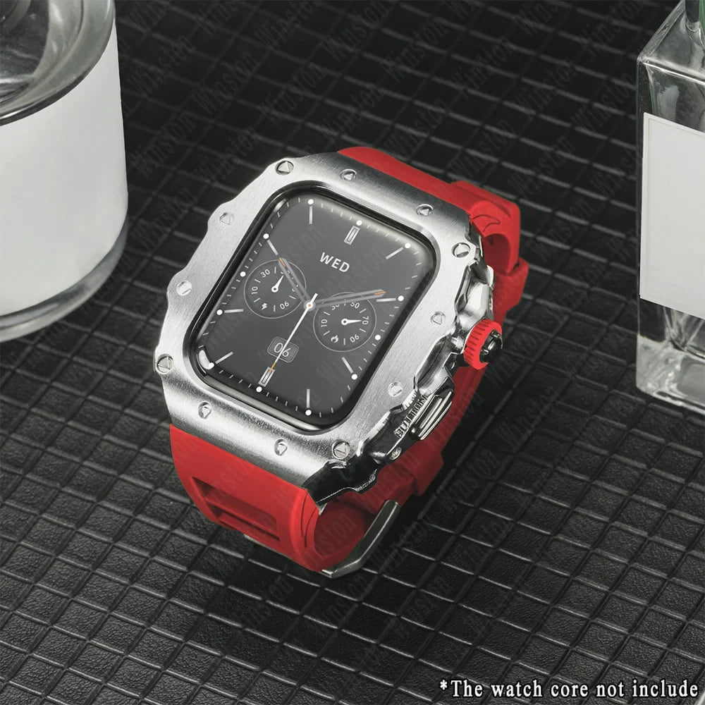 Apple Watch Luxury Modification Kit | Series 11 / Series 10 46mm / Series 9-8-7 45mm / Series 6-SE-5-4 44mm Silicone Strap & Steel Case