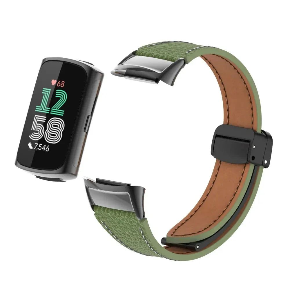 Fitbit Charge 5 & 6 Leather Band with Magnetic Folding Clasp
