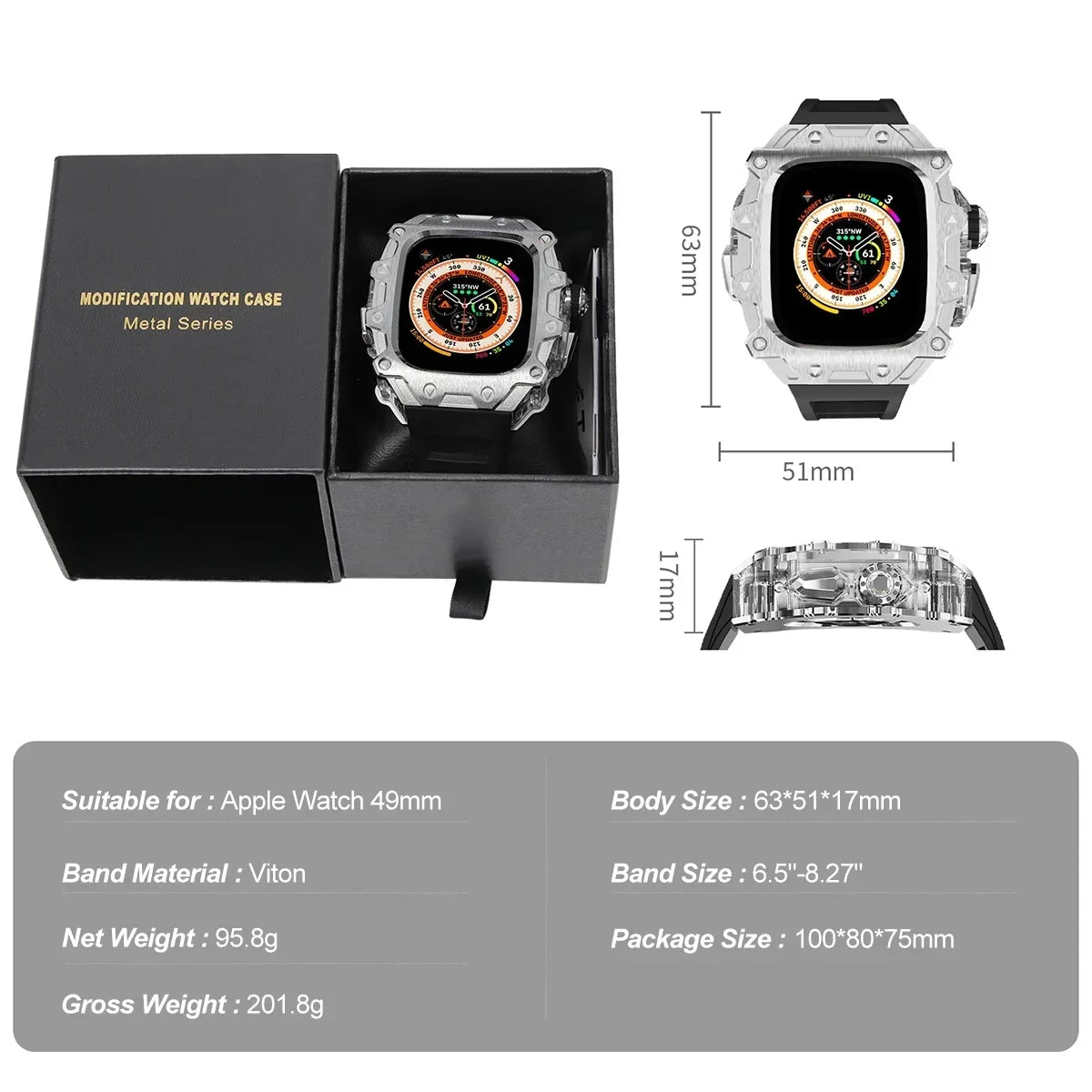 Luxury Modification Kit for Apple Watch Ultra 2/1 49MM – Stainless Steel Case & Rubber Strap